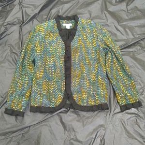 Kenneth Cole Blue & Green Organza Ruffle Accented Tweed Blazer Size 8